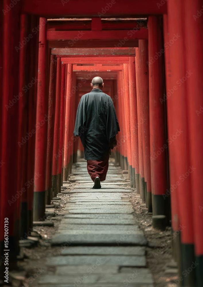Fototapeta premium A solitary figure traverses a vibrant tunnel of red pillars, evoking contemplation and spiritual