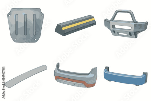 Automotive parts illustrations - bumper, guard, skid plate, wheel stop vector icon isolated illustration