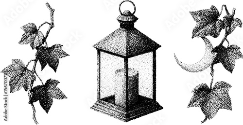 Vintage candle lantern with ivy vines and crescent moon sketch for retro design