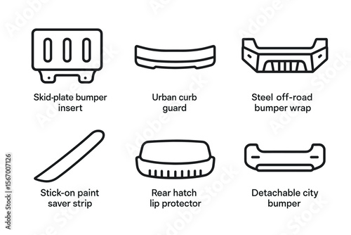 Automotive bumper accessories icons set with skid plate and detachable city bumper vector icon isolated illustration