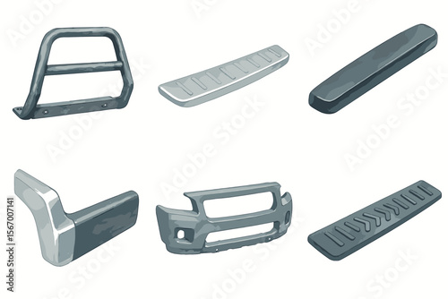Various car bumpers and components in different styles and designs vector icon isolated illustration