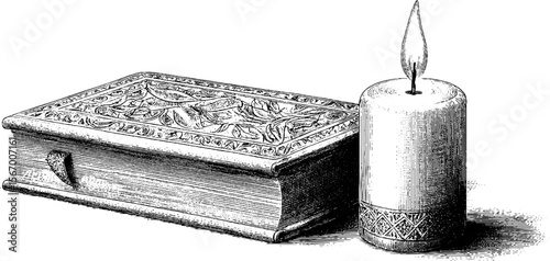Vintage candle stub and old book by night window illustration for retro design