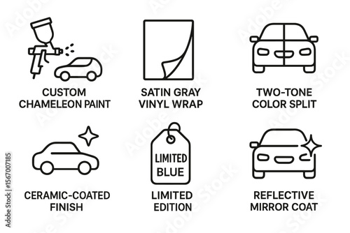 Custom car designs: chameleon paint, vinyl wrap, two-tone color, ceramic coat, limited blue, reflective mirror vector icon isolated illustration