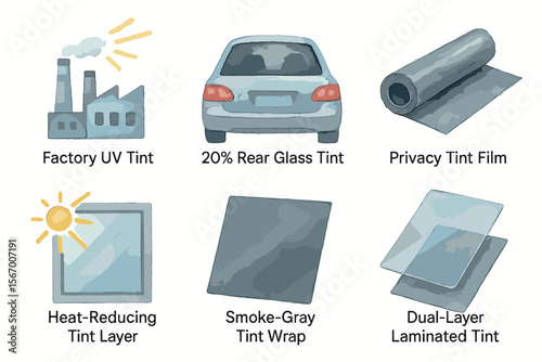 Types of window tinting for vehicles and buildings vector icon isolated illustration