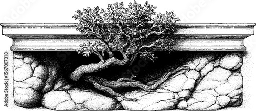 Intricate carved sandstone lintel with tree and roots - vintage hand drawn artwork