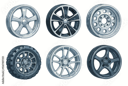 Variety of car wheel rims and tire designs illustrated in watercolor vector icon isolated illustration