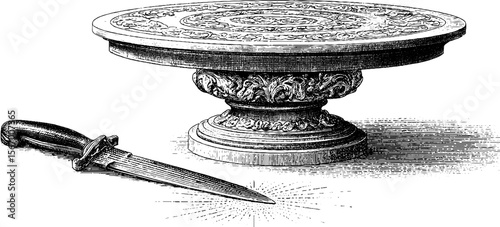 Vintage carved table with knife and intricate design in retro style