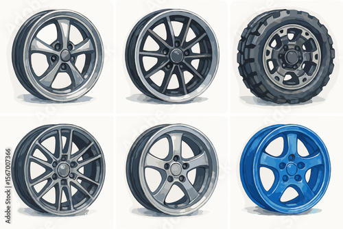 Variety of car wheels and tire designs in different styles and colors vector icon isolated illustration