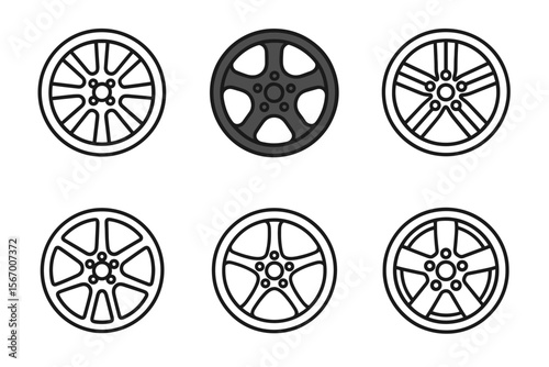 Car wheels collection: six different alloy rim designs in vector illustration vector icon isolated illustration