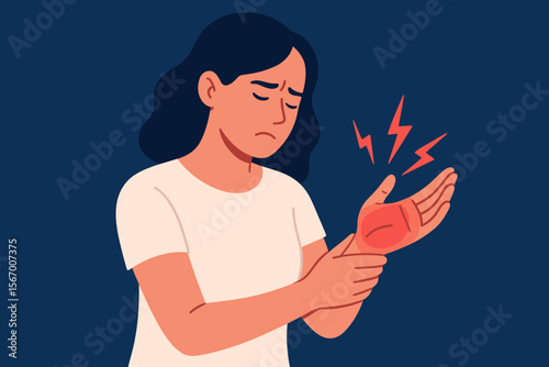 Woman suffering from acute wrist pain, a symptom of carpal tunnel syndrome, arthritis, or sprain. Character with joint inflammation and hand injury. Medical healthcare vector illustration.
