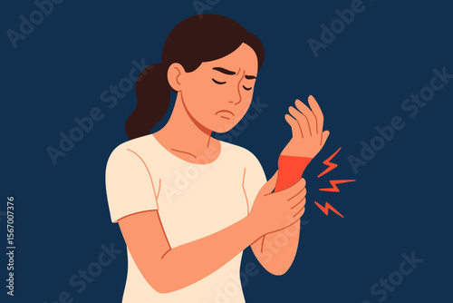 Woman suffering from wrist pain. Concept of carpal tunnel syndrome, arthritis, tendonitis, or sprain. Medical vector illustration of joint inflammation, injury and chronic disease.