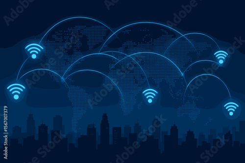 Global telecommunication network with wireless connection over a smart city skyline. Abstract internet technology and cyber security concept. World map with futuristic WiFi signals.