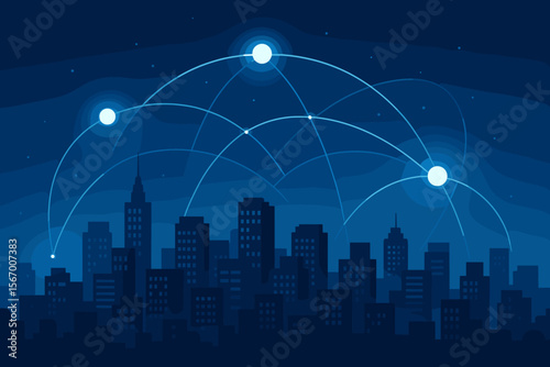 Abstract global telecommunication network connection. Wireless communication, cyber technology, and internet network modernization. Smart city with data exchange on cityscape background.