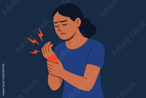 Woman suffering from acute wrist pain. Concept of carpal tunnel syndrome, arthritis, sprain, or trauma. Hand injury with red inflammation. Medical illustration of joint ache. Vector.