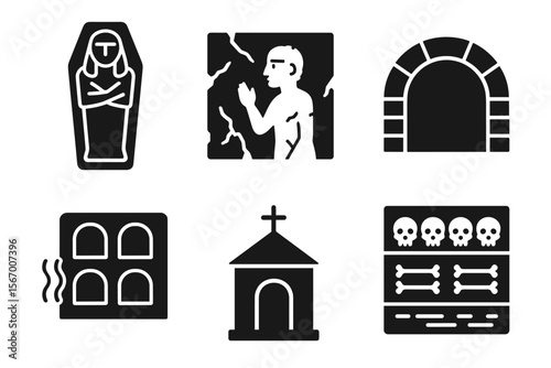 Ancient burial icons: coffin, mummy, statue, church, tomb, crypt symbols vector icon isolated illustration