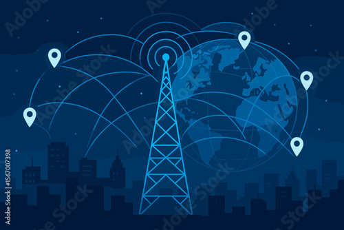 Global telecommunication network connection concept. Wireless communication with radio tower over a cityscape. Internet modernization, cyber technology, data transmission and a global network.