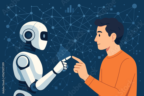 AI collaboration concept with robot and human touching fingers. Machine learning, deep learning on a big data network background. Future technology, innovation, era transition.