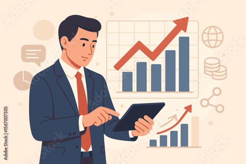 Businessman analyzing sales data on tablet. Financial analyst planning business strategy with economic growth graph chart. Stock market investment and digital marketing concept.