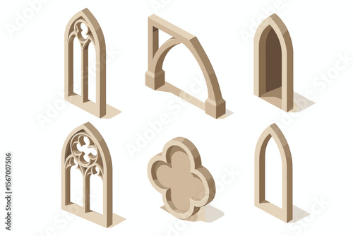 Gothic architectural elements collection on white background vector icon isolated illustration