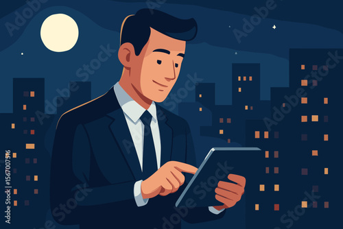 Professional businessman working late on a tablet computer at night with a city skyline background. Modern flat vector illustration of dedication, overtime, and digital technology.