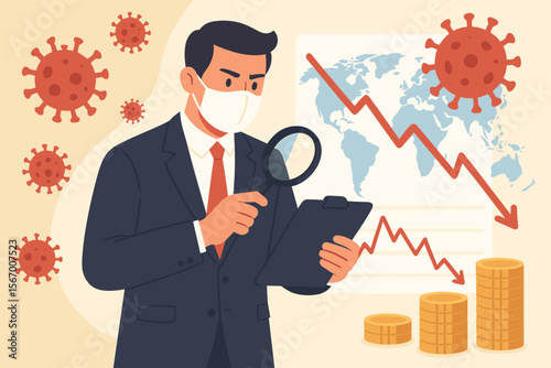 Businessman with mask analyzing coronavirus impact on global economy. Stock market crisis and financial recession concept. World economy chart with down arrow due to covid-19 pandemic.