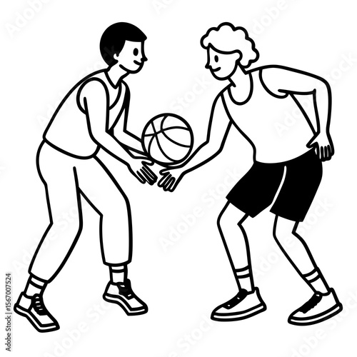 Two men playing basketball line drawing