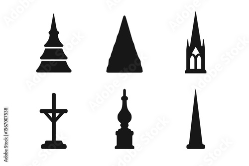 Black silhouette icons of spires and architectural structures vector icon isolated illustration