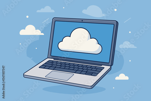Cloud computing technology concept. Laptop computer with a cloud icon on the screen representing online data storage, server hosting, and network services. Modern flat cartoon vector illustration.