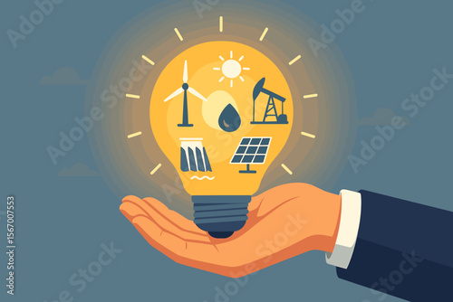 Businessman hand holding light bulb with energy source icons. Concept of renewable and non-renewable power generation. Solar, wind, hydro and oil fuel. Flat vector illustration.