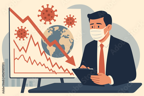 Economic crisis due to Covid-19 pandemic. Businessman with face mask analyzing global stock market crash chart. Coronavirus outbreak leads to financial recession and downturn.