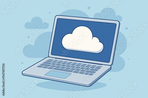 Cloud computing technology concept. Laptop computer with cloud icon on screen. Modern flat vector for online data storage, digital information backup, network server, and web hosting.