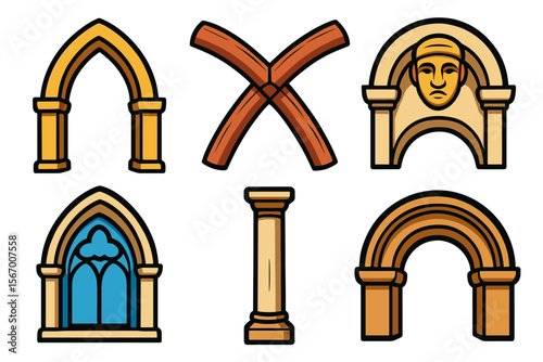 Medieval architecture elements: arches, columns, and vaulted designs vector icon isolated illustration