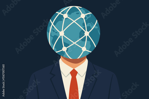 Global business concept illustration. Businessman with a world globe instead of a head. Metaphor for globalization, international networking, corporate mindset and communication.
