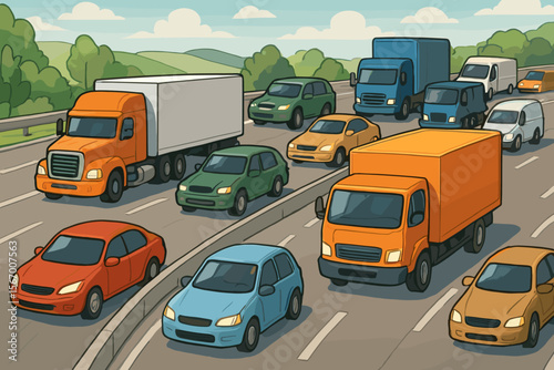 Busy highway traffic jam with cars, trucks, and vans on a multi-lane freeway. Vector cartoon illustration. Concept for transportation, logistics, shipping, and daily commute.