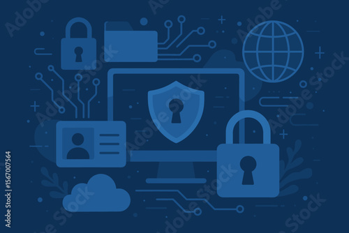 Cyber security concept with computer, lock, and shield icon. Data protection and information privacy vector background. Network security system, internet safety, and cloud technology.