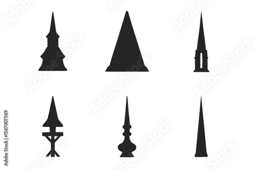 Black silhouettes of various spire designs in abstract shapes vector icon isolated illustration