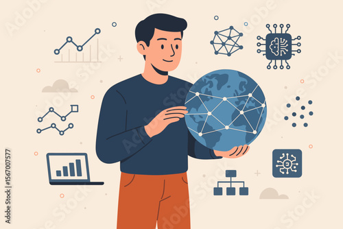 Data science and analytics concept. Man, scientist or analyst, holding a globe with a global network connection. Artificial intelligence, AI, deep learning, algorithm, and big data vector.