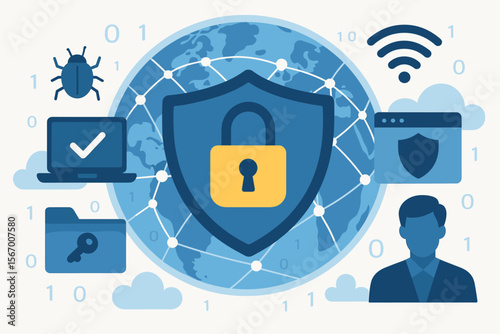 Cybersecurity concept with shield and lock. Global network data protection and internet security services. Information technology banner. Vector illustration of privacy, antivirus and web safety.