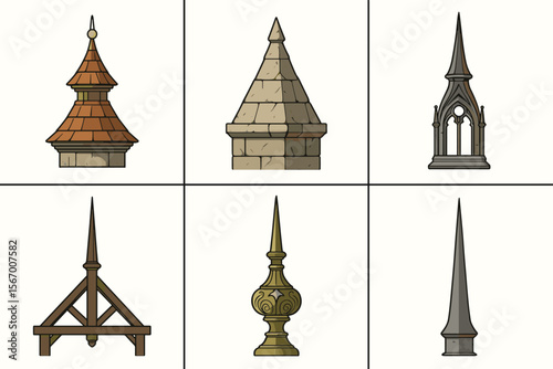Illustrated architectural spires and towers in varied designs vector icon isolated illustration