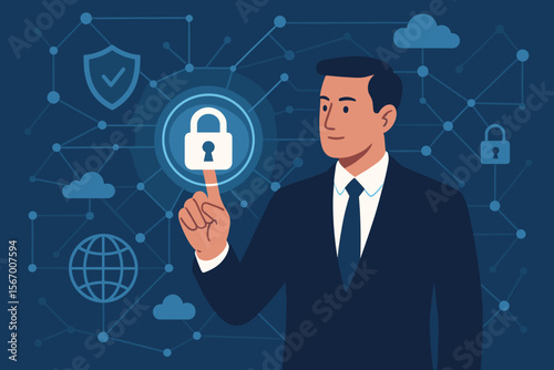 Cybersecurity and network security system concept. Businessman touches a padlock icon to protect data on a digital interface. Data protection, privacy, and digital crime prevention.