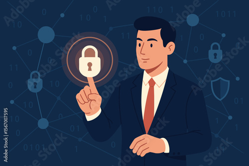 Cybersecurity concept with a businessman touching a padlock icon on a digital interface. Internet network security system for data protection and privacy. Corporate safety, secure access.