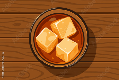 Glass of whiskey on the rocks with ice cubes, top view. Alcoholic beverage, bourbon or scotch in a tumbler on a dark wooden table. Modern flat vector cartoon illustration.