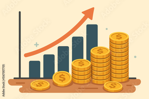 Financial growth concept vector illustration. Bar graph with statistics and rising arrow. Stacks of gold dollar coins symbolize profit, revenue, investment, savings, and wealth.