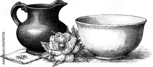 Vintage ceramic pitcher and porcelain bowl with floral embroidery design