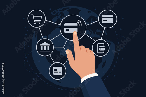 Hand touching contactless payment icon in global finance network. Fintech concept for e-commerce, mobile banking, digital transaction. Online shopping technology vector illustration.
