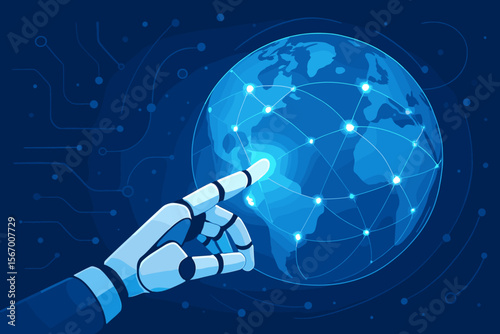 Robot hand touching a futuristic global network on planet Earth. AI, artificial intelligence, IoT, innovation and technology concept. Digital communication and big data connection.