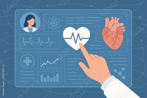 Cardiologist hand touching futuristic healthcare dashboard. Doctor using digital interface for medical diagnostics of heart, checking EKG graph and patient data. Cardiology concept.