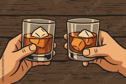 Two hands holding glasses of whiskey with ice, toasting in a bar. Friends drinking bourbon or scotch on the rocks over a wooden table. Celebration concept. Modern flat vector illustration.