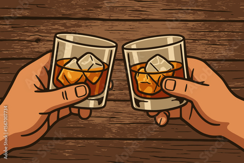 Two hands clinking glasses of whiskey in a toast. Friends celebrating at a bar or pub. Cartoon vector illustration of bourbon or scotch on the rocks on a rustic wooden table.