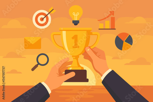 Business success and marketing achievement concept. Businessman hands holding a gold winner trophy. Vector illustration with goal, idea, growth, and data analysis icons. First place.